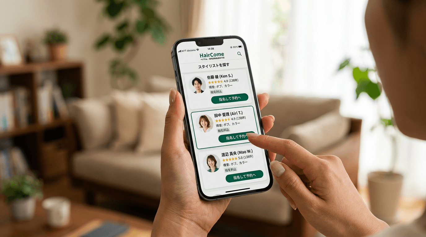 利用者がスマートフォンで美容師を一覧から選んでいるイメージ